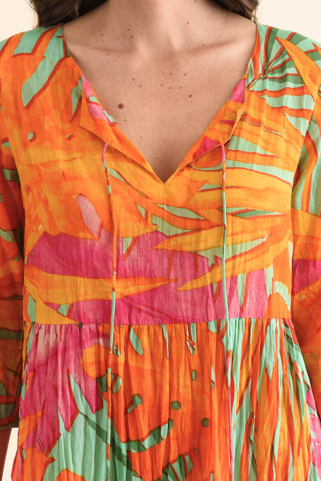 Milana Orange Leaf Crinkle Cotton Dress,Detail,Brunette model,alt text|model:MJ image 5