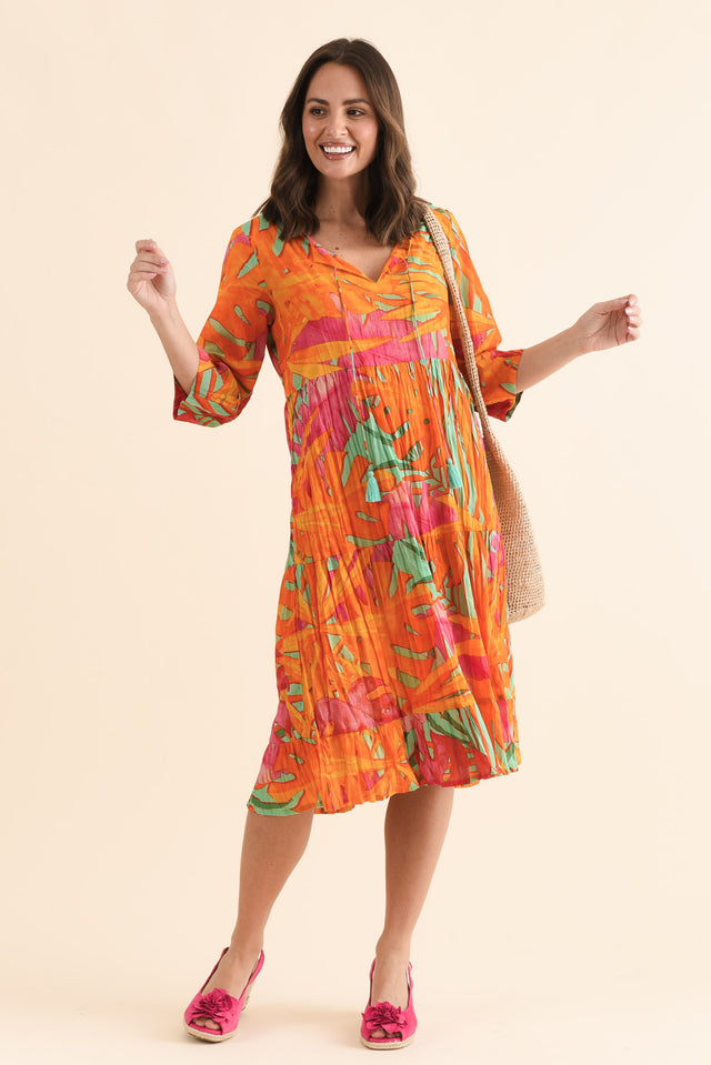 Milana Orange Leaf Crinkle Cotton Dress,Front,Brunette model,alt text|model:MJ image 1
