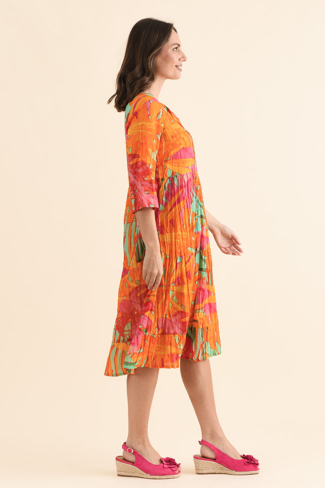 Milana Orange Leaf Crinkle Cotton Dress,Side,Brunette model,alt text|model:MJ image 3
