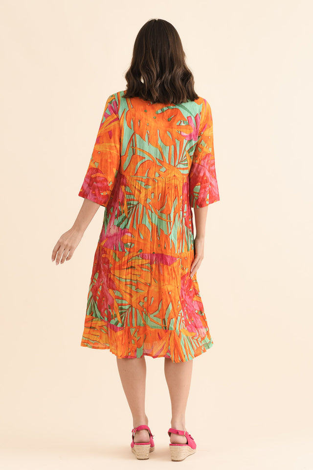 Milana Orange Leaf Crinkle Cotton Dress,Back,Brunette model,alt text|model:MJ image 4