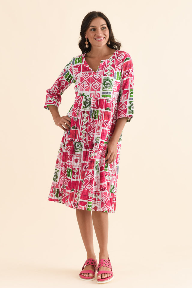 Milana Pink Tile Crinkle Cotton Dress,Full Body,Brunette model,alt text|model:Brontie image 2