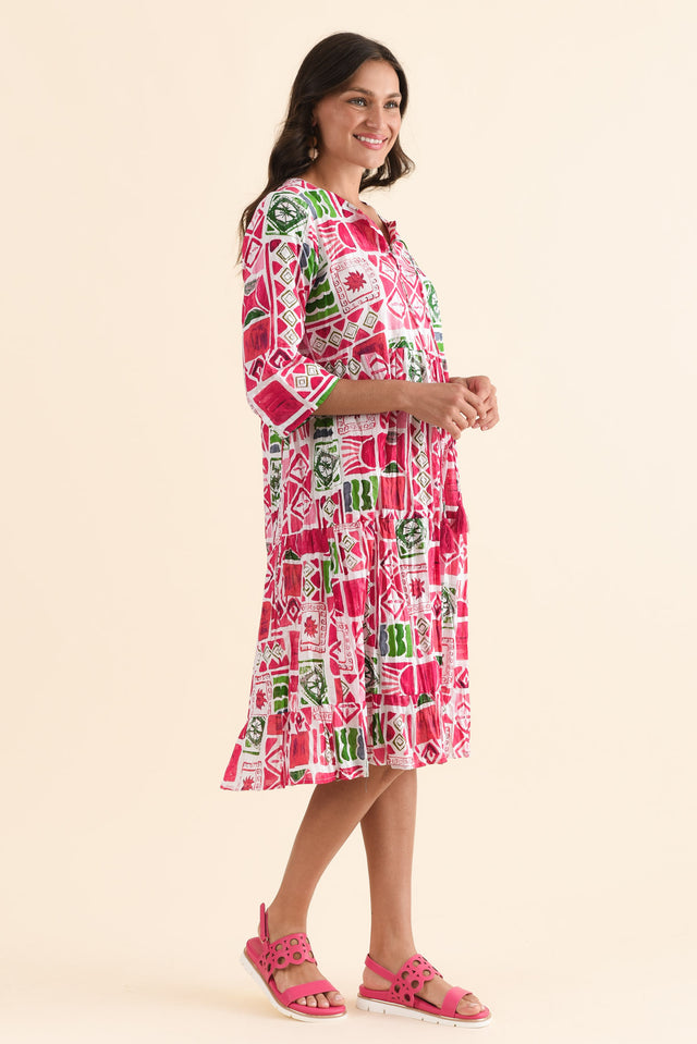 Milana Pink Tile Crinkle Cotton Dress,Side,Brunette model,alt text|model:Brontie image 3