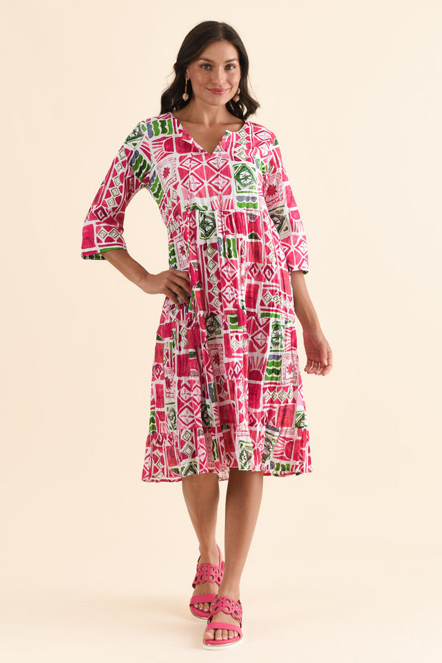 Milana Pink Tile Crinkle Cotton Dress,Front,Brunette model,alt text|model:Brontie image 1