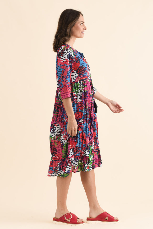 Milana Purple Leaf Crinkle Cotton Dress,Side,Brunette model,alt text|model:MJ image 3