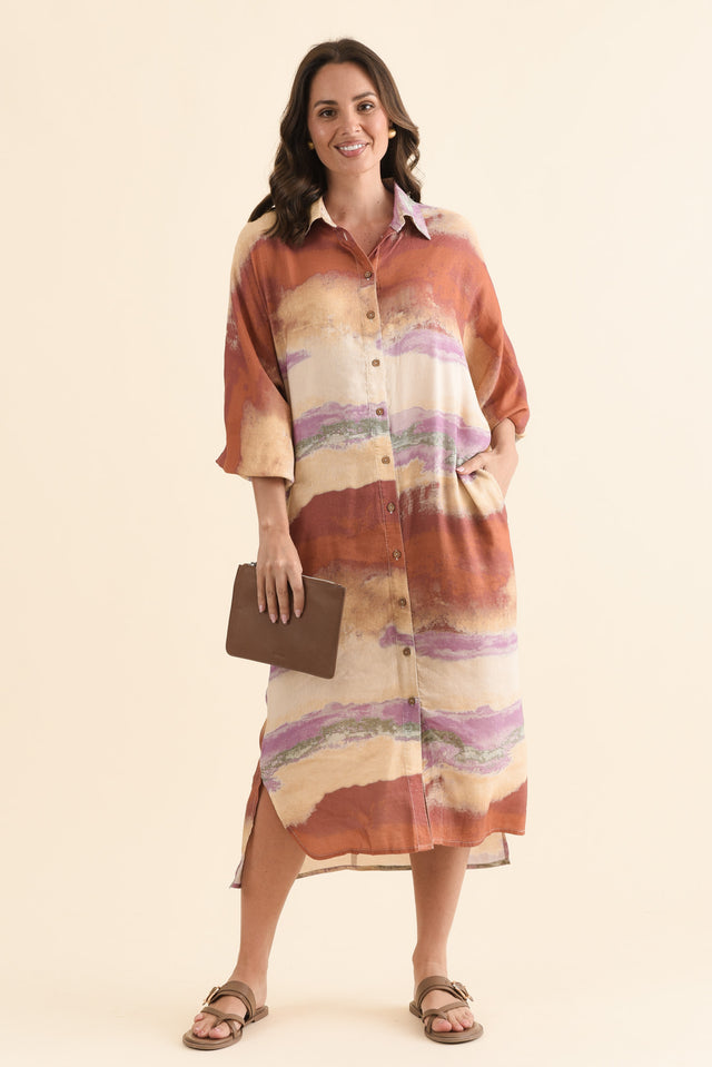 Milano Rust Stripe Linen Blend Dress,Front,Brunette model,alt text|model:MJ