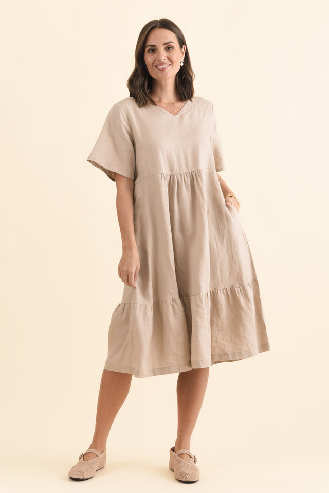 Miller Beige Linen Tiered Dress,Brunette model,alt text|model:MJ image 8
