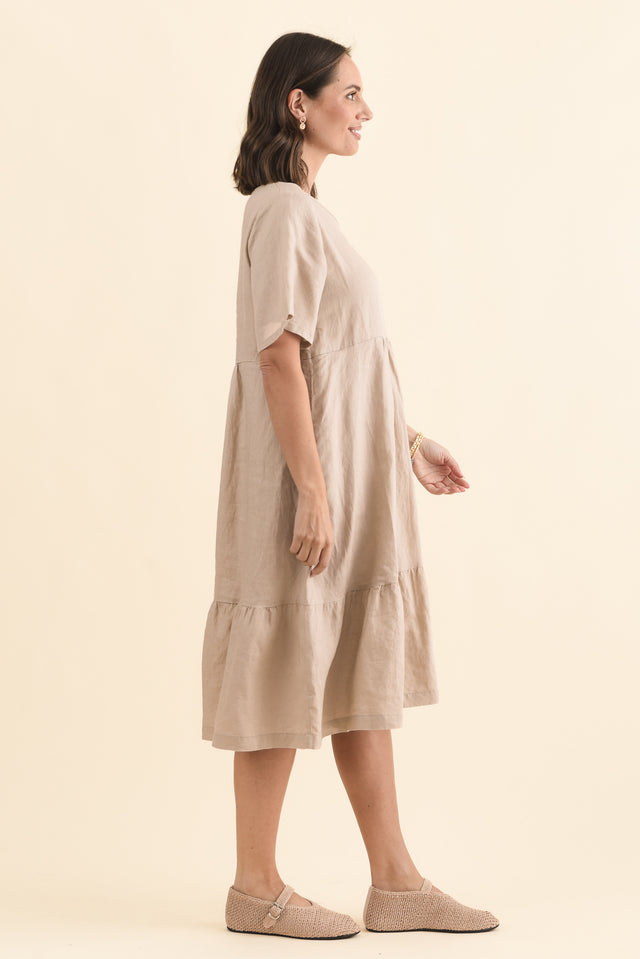 Miller Beige Linen Tiered Dress,Brunette model,alt text|model:MJ image 5