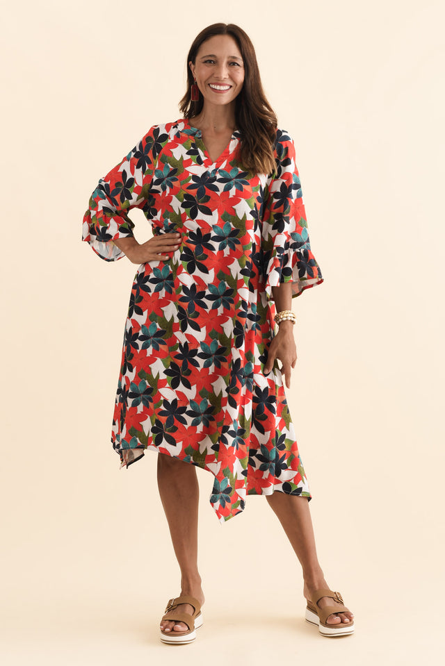 Millicent Red Leaf Linen Cotton Dress,Brunette model,alt text|model:Cara image 3