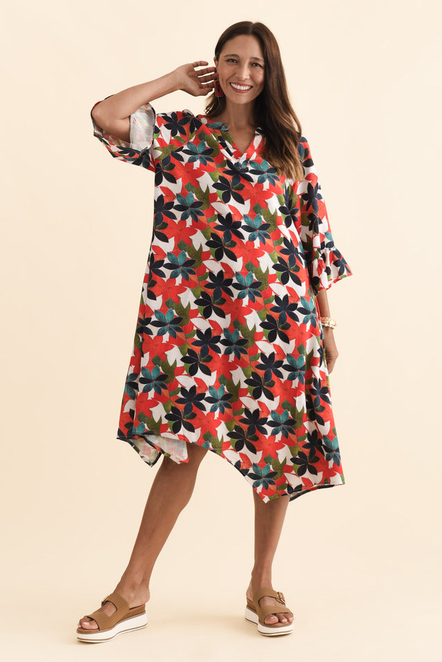 Millicent Red Leaf Linen Cotton Dress,Brunette model,alt text|model:Cara image 7