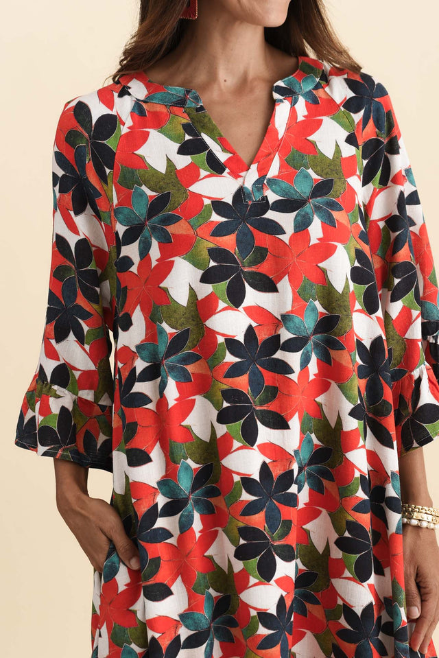 Millicent Red Leaf Linen Cotton Dress,Brunette model,alt text|model:Cara image 6