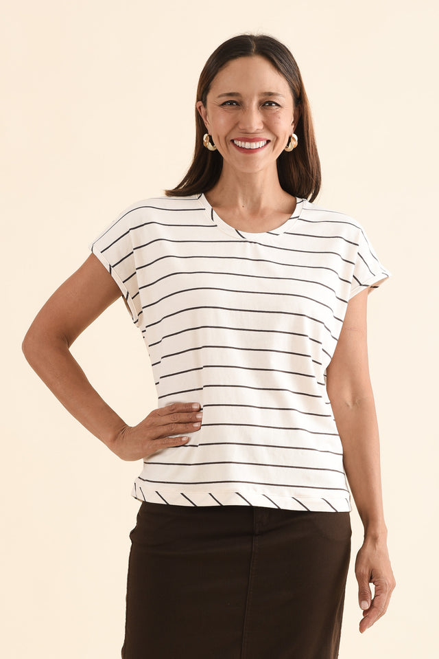 Mindy Cream Stripe Cotton Shell Tee,Front,Brunette model,alt text|model:Cara image 1