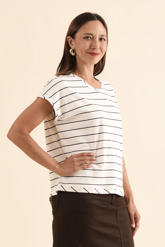 Mindy Cream Stripe Cotton Shell Tee,Side,Brunette model,alt text|model:Cara image 3
