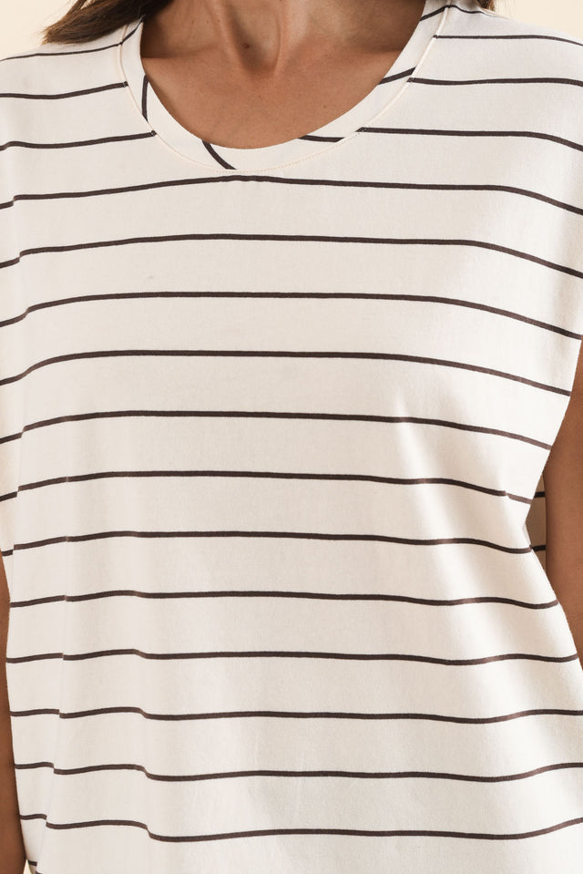 Mindy Cream Stripe Cotton Shell Tee,Detail,Brunette model,alt text|model:Cara image 5