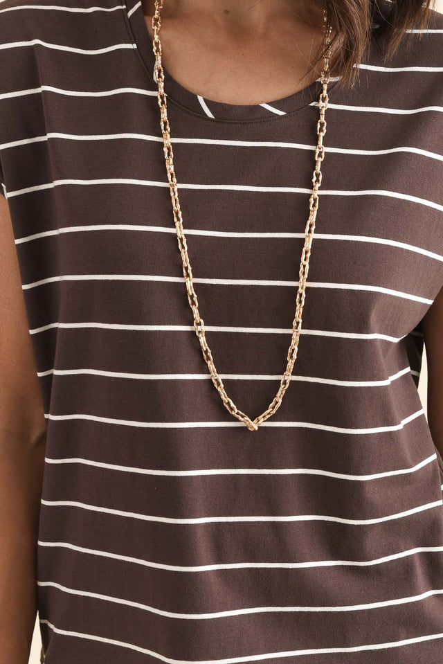 Mindy Dark Brown Stripe Cotton Shell Tee,Detail,Brunette model,alt text|model:Cara image 5