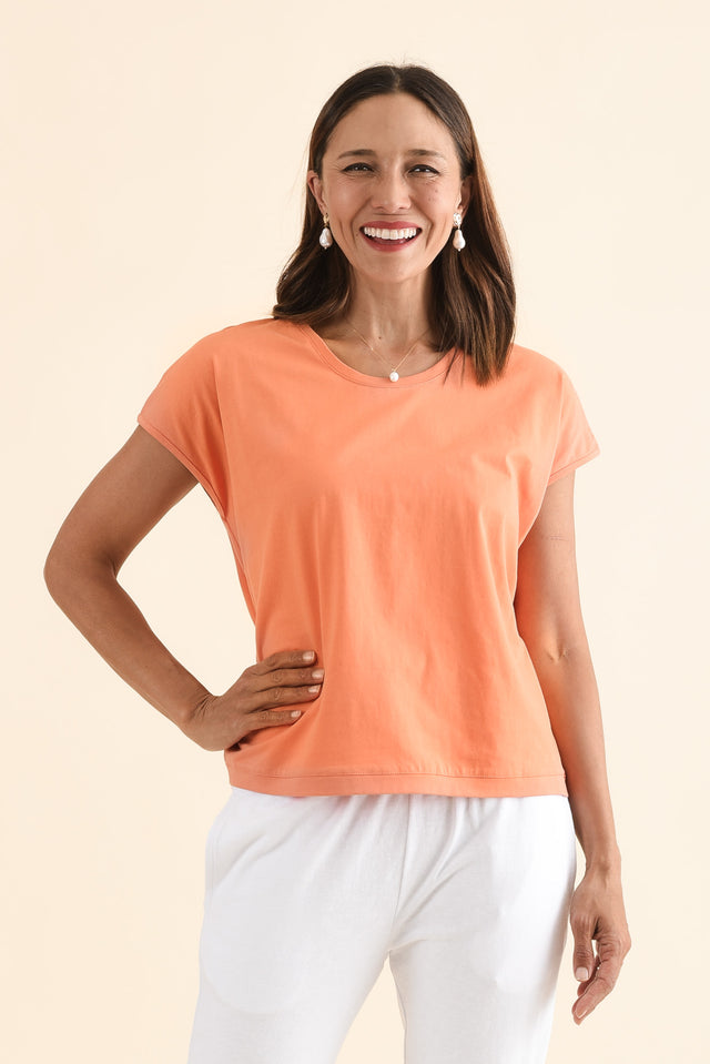 Mindy Orange Cotton Shell Tee,Front,Brunette model,alt text|model:Cara image 1