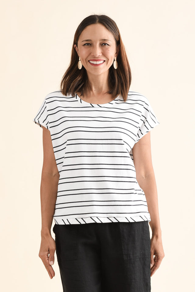 Mindy White Stripe Cotton Shell Tee,Front,Brunette model,alt text|model:Cara image 1