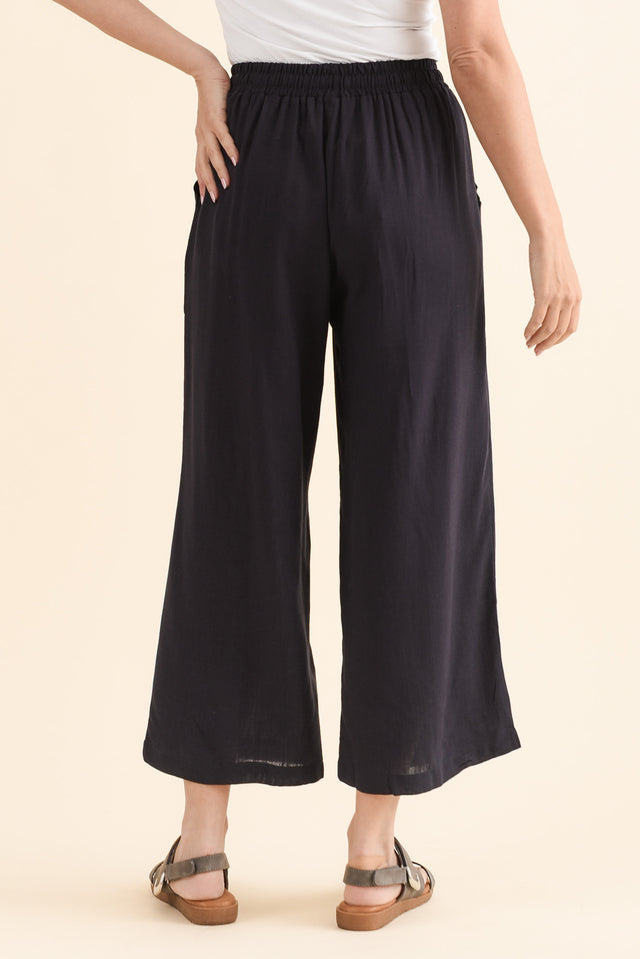 Minnelli Dark Blue Linen Cotton Pants,Back,Brunette model,alt text|model:MJ image 4