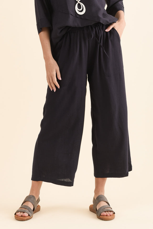 Minnelli Dark Blue Linen Cotton Pants,Front,Brunette model,alt text|model:MJ image 1