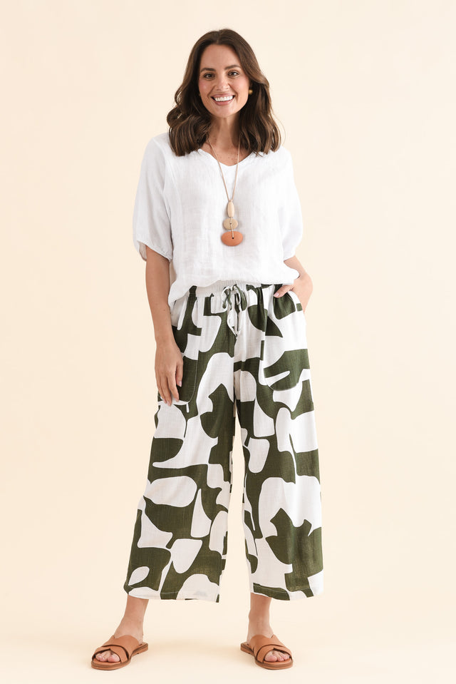Minnelli Khaki Geo Linen Cotton Pants,Full Body,Brunette model,alt text|model:MJ image 3