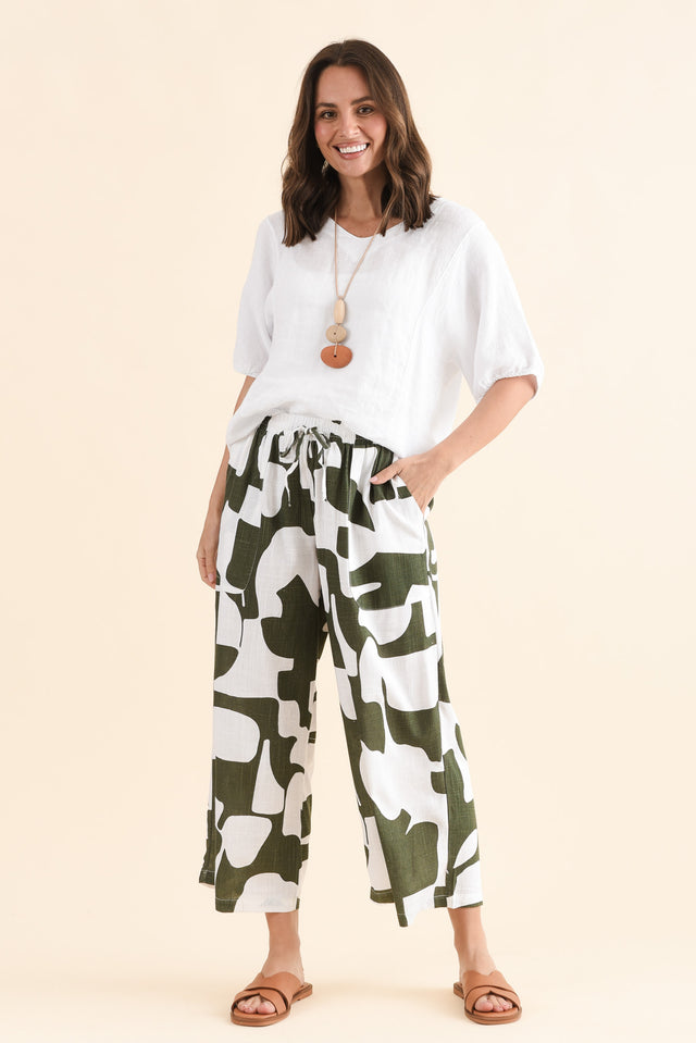Minnelli Khaki Geo Linen Cotton Pants,Full Body,Brunette model,alt text|model:MJ image 7