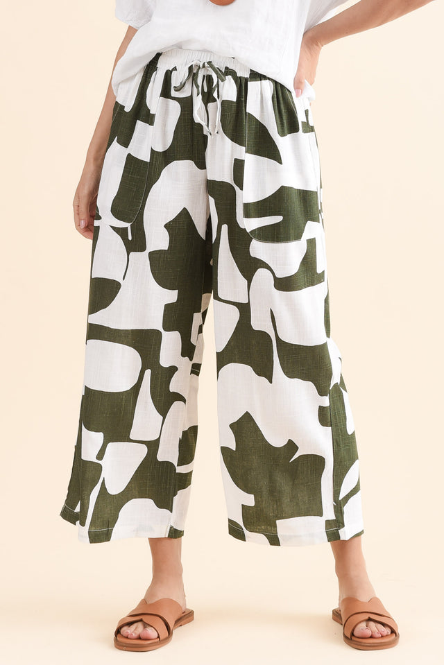 Minnelli Khaki Geo Linen Cotton Pants,Front,Brunette model,alt text|model:MJ