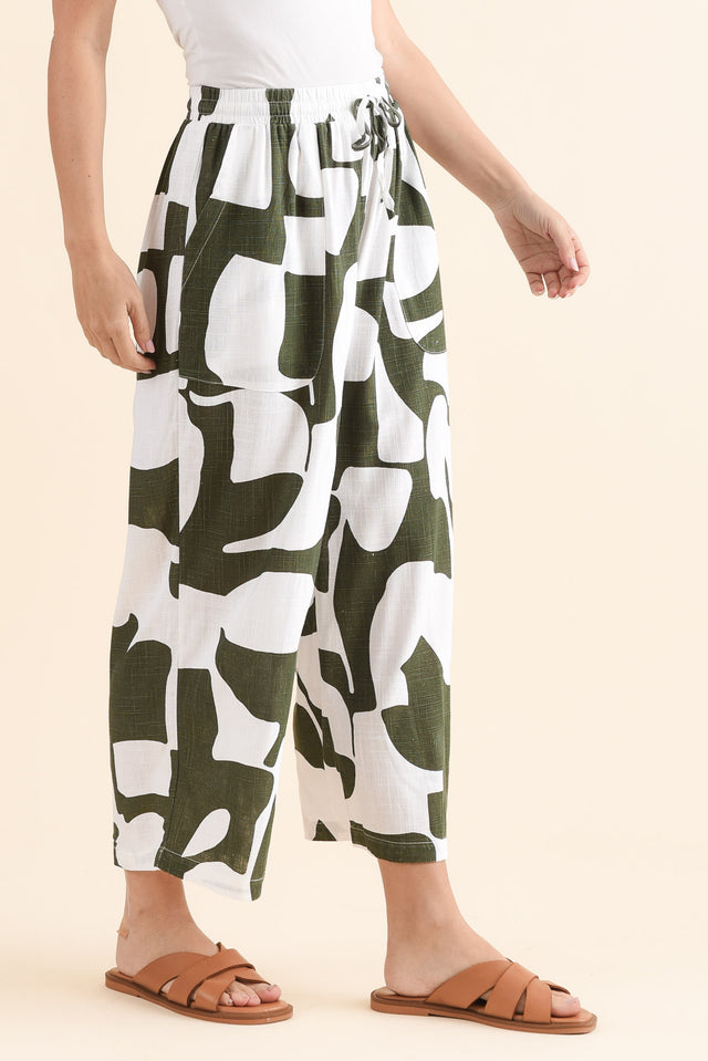 Minnelli Khaki Geo Linen Cotton Pants,Side,Brunette model,alt text|model:MJ image 4