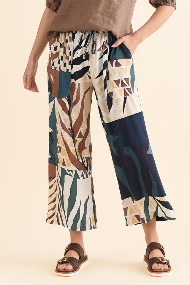 Minnelli Navy Leaf Linen Cotton Pants,Front,Brunette model,alt text|model:MJ image 1