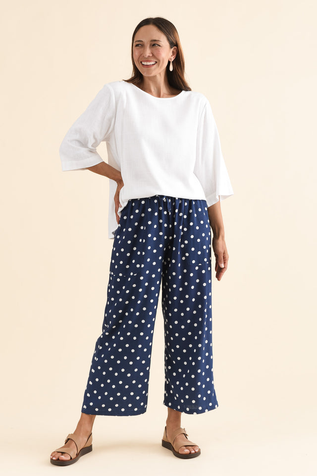 Minnelli Navy Spot Linen Cotton Pants,Full Body,Brunette model,alt text|model:Cara image 6