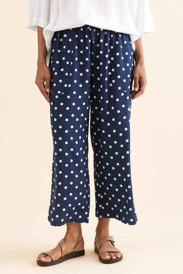 Minnelli Navy Spot Linen Cotton Pants,Front,Brunette model,alt text|model:Cara image 1