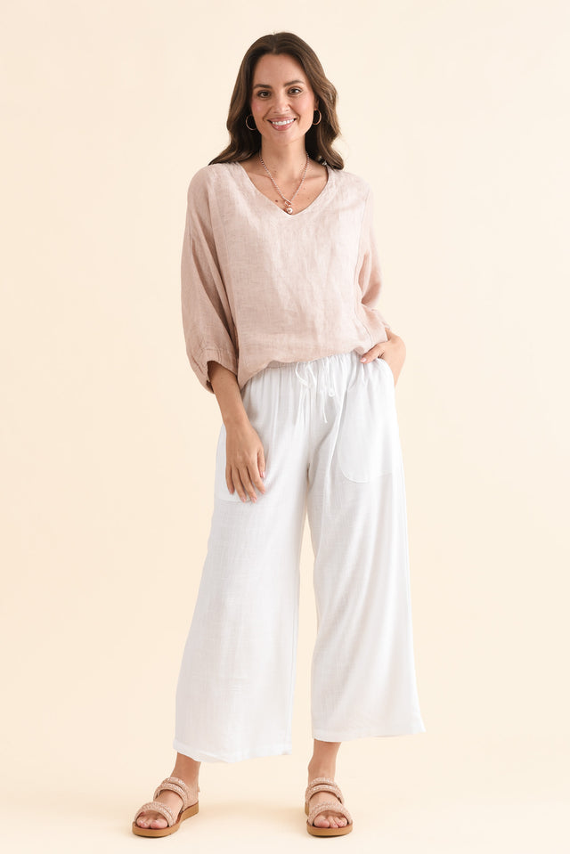 Minnelli White Linen Cotton Pants,Full Body,Brunette model,alt text|model:MJ