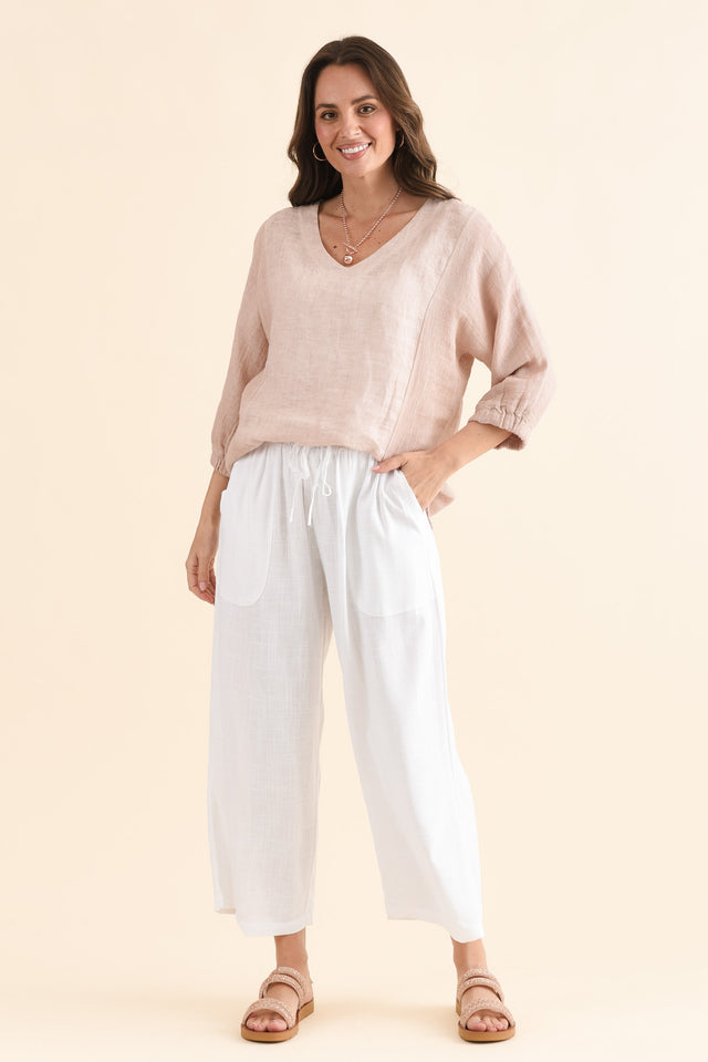 Minnelli White Linen Cotton Pants,Full Body,Brunette model,alt text|model:MJ image 6