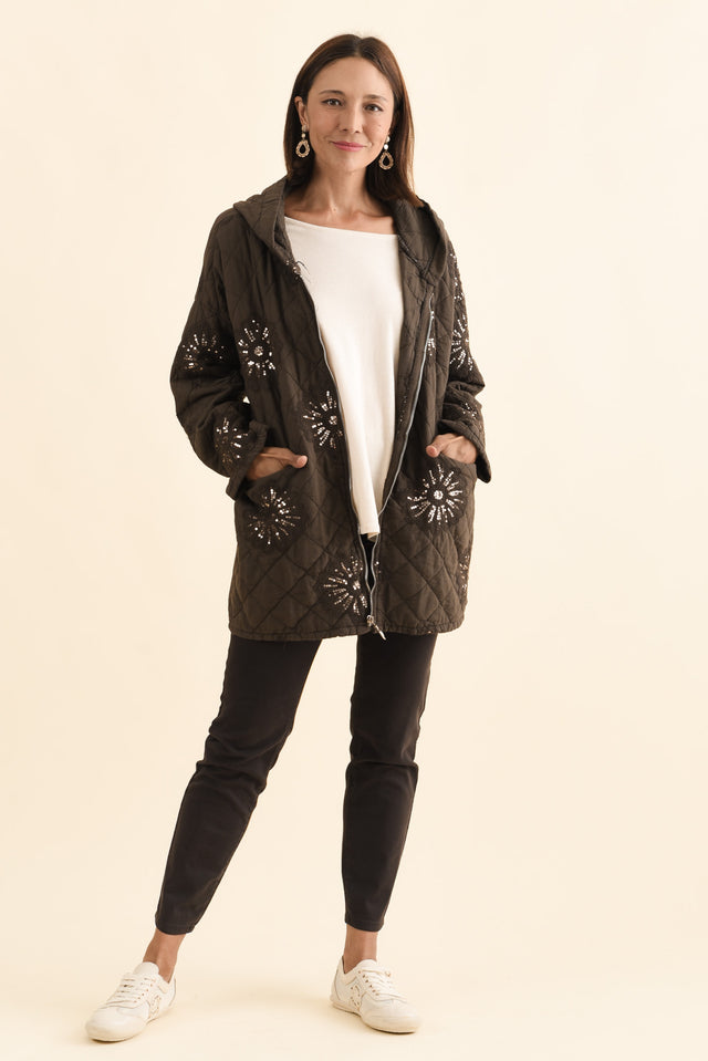 Mintaro Chocolate Sequin Quilted Jacket,Brunette model,alt text|model:Cara image 6