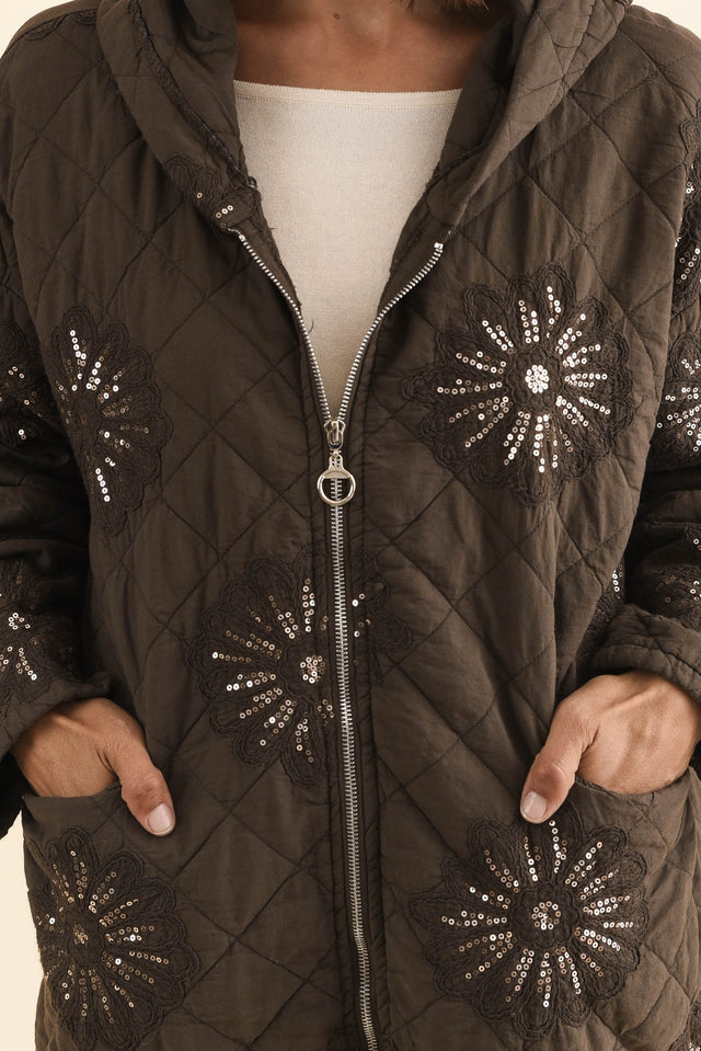 Mintaro Chocolate Sequin Quilted Jacket,Brunette model,alt text|model:Cara image 5