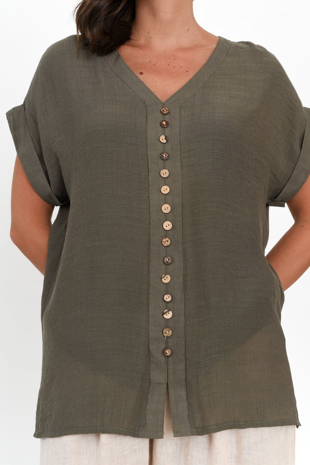Miray Khaki Cotton Blend Button Top
