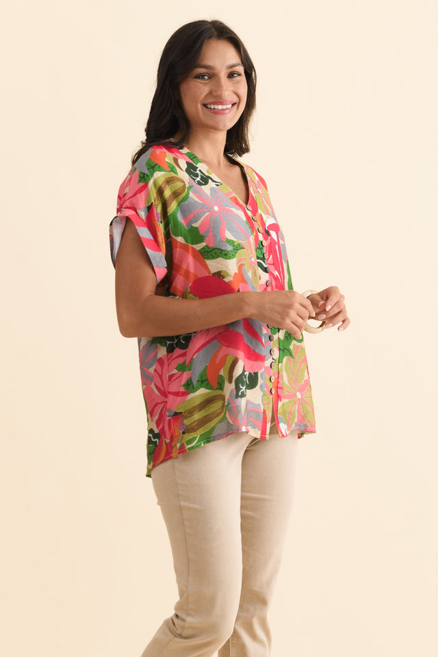 Miray Pink Hibiscus Button Top,Brunette model,alt text|model:Brontie image 4