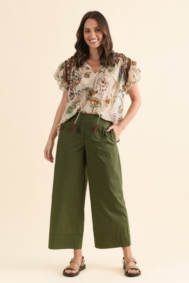 Mirra Khaki Cotton Pocket Pants,Full Body,Brunette model,alt text|model:MJ image 2