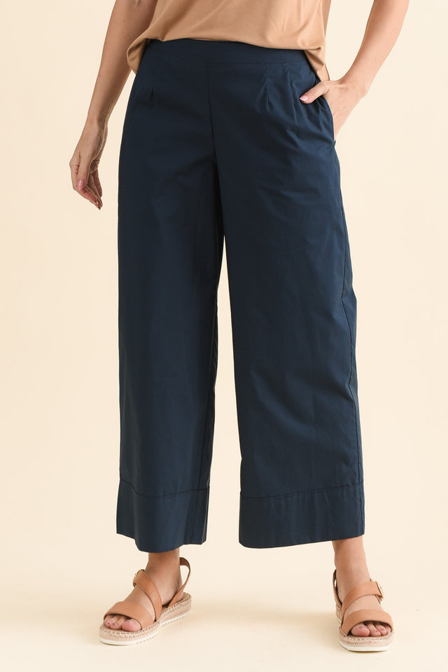 Mirra Navy Cotton Pocket Pants,Front,Brunette model,alt text|model:MJ image 1