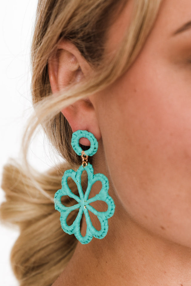 Mirta Teal Raffia Flower Earrings image 1