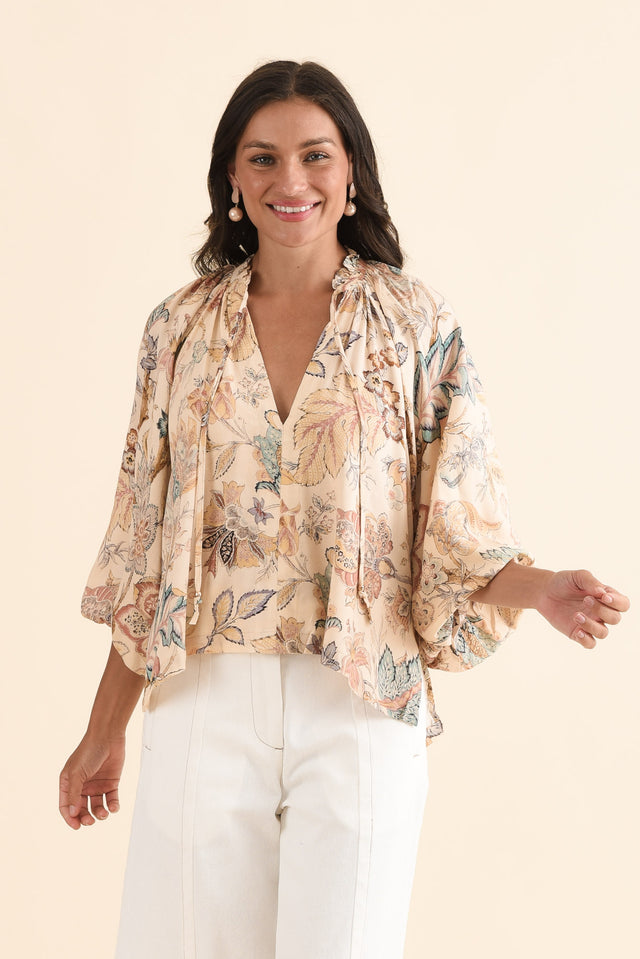 Misha Natural Garden Neck Tie Blouse,Front,Brunette model,alt text|model:Brontie image 1