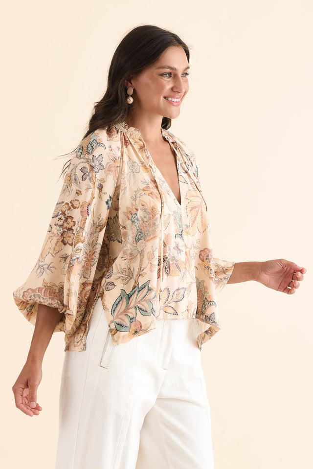 Misha Natural Garden Neck Tie Blouse,Side,Brunette model,alt text|model:Brontie image 3