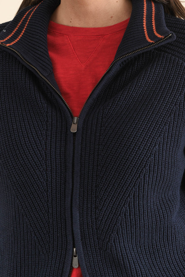 Modern Navy Zip Knit Jumper,brunette model,Close up of outfit,alt text|model:MJ image 5