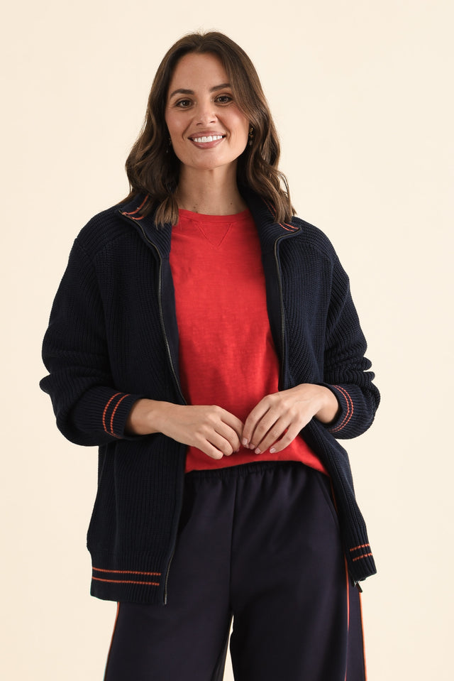Modern Navy Zip Knit Jumper,brunette model,Front of Outfit,alt text|model:MJ image 1