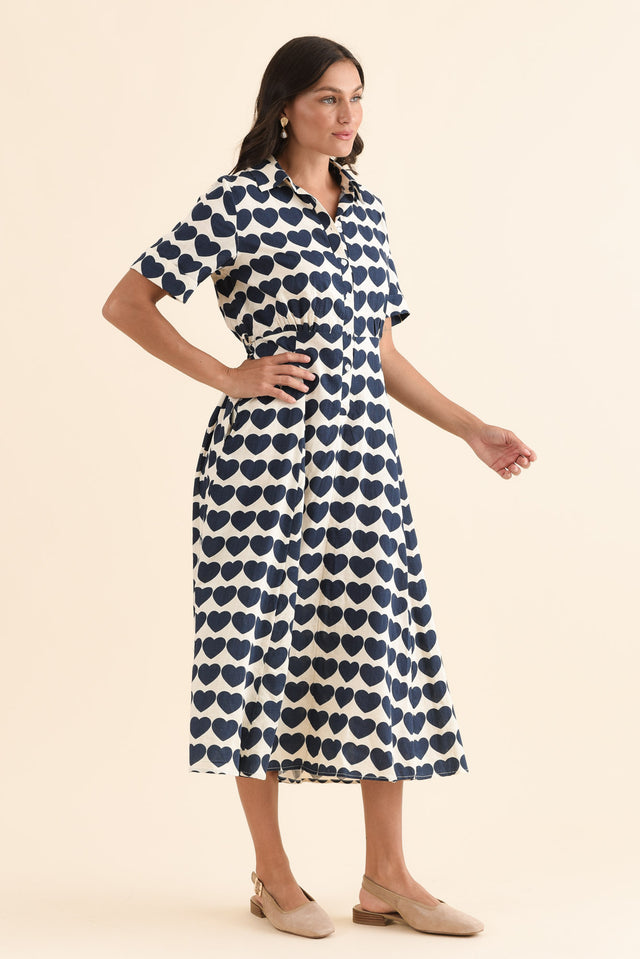 Molly Navy Heart Linen Shirt Dress,Side,Brunette model,alt text|model:Brontie image 3