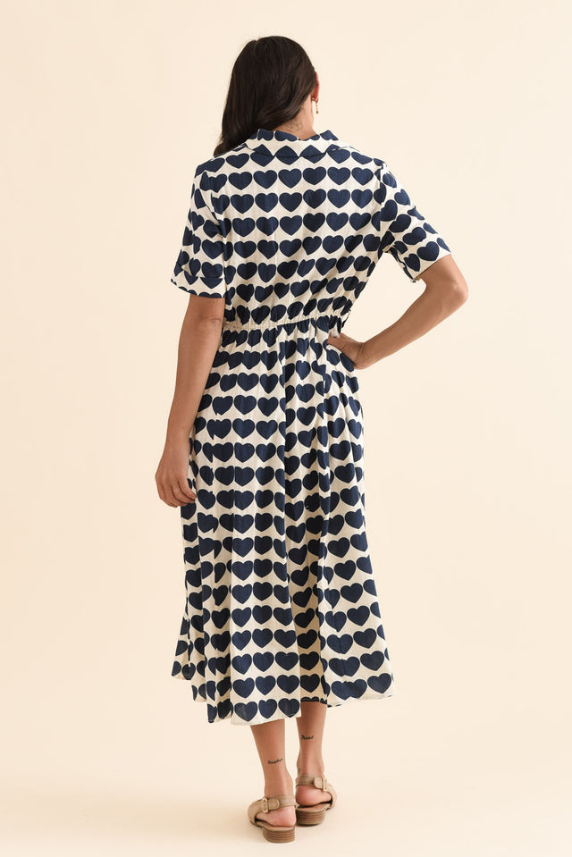 Molly Navy Heart Linen Shirt Dress,Back,Brunette model,alt text|model:Brontie image 4