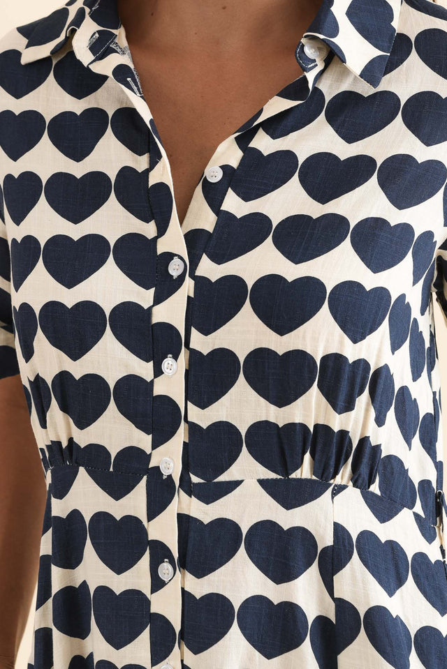 Molly Navy Heart Linen Shirt Dress,Detail,Brunette model,alt text|model:Brontie image 5