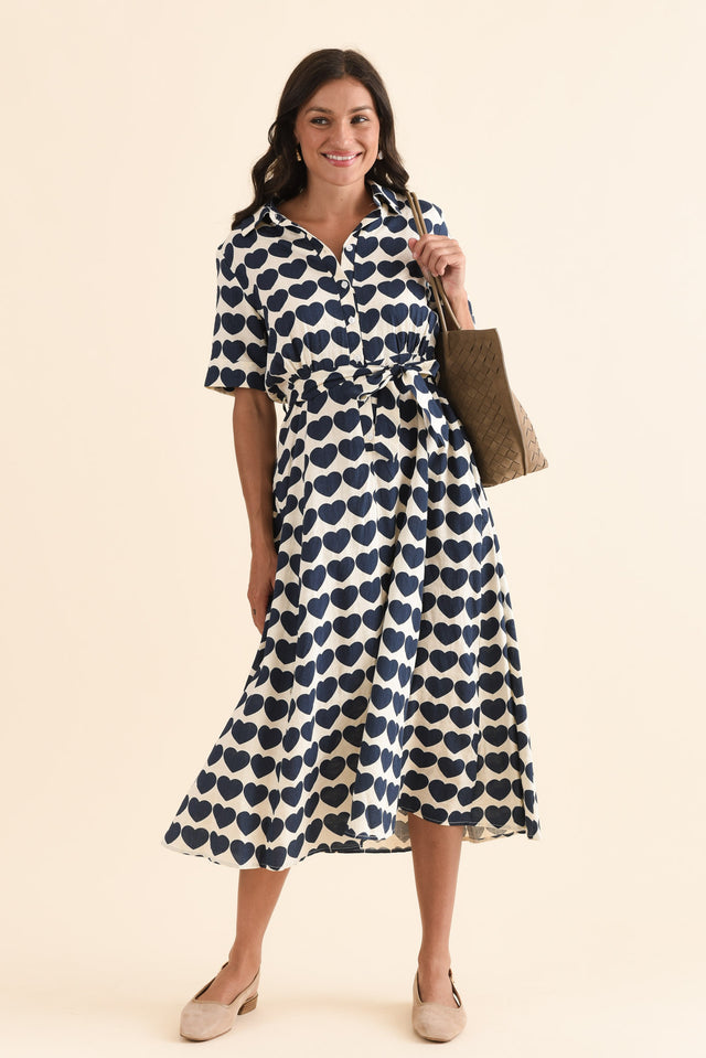 Molly Navy Heart Linen Shirt Dress,Front,Brunette model,alt text|model:Brontie image 1