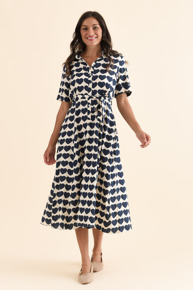 Molly Navy Heart Linen Shirt Dress,Full Body,Brunette model,alt text|model:Brontie image 2
