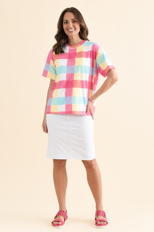 Monaco Blue Check Cotton Top,Full Body,Brunette model,alt text|model:MJ