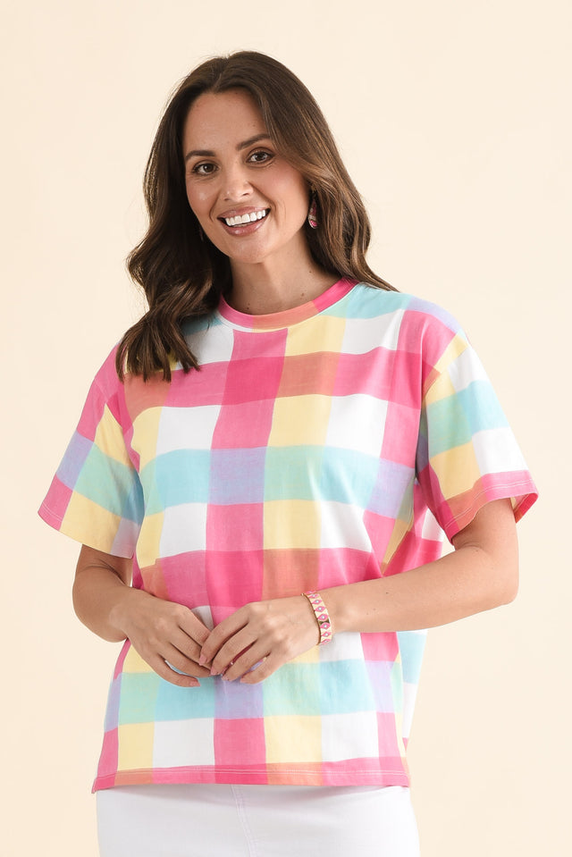 Monaco Blue Check Cotton Top,Front,Brunette model,alt text|model:MJ