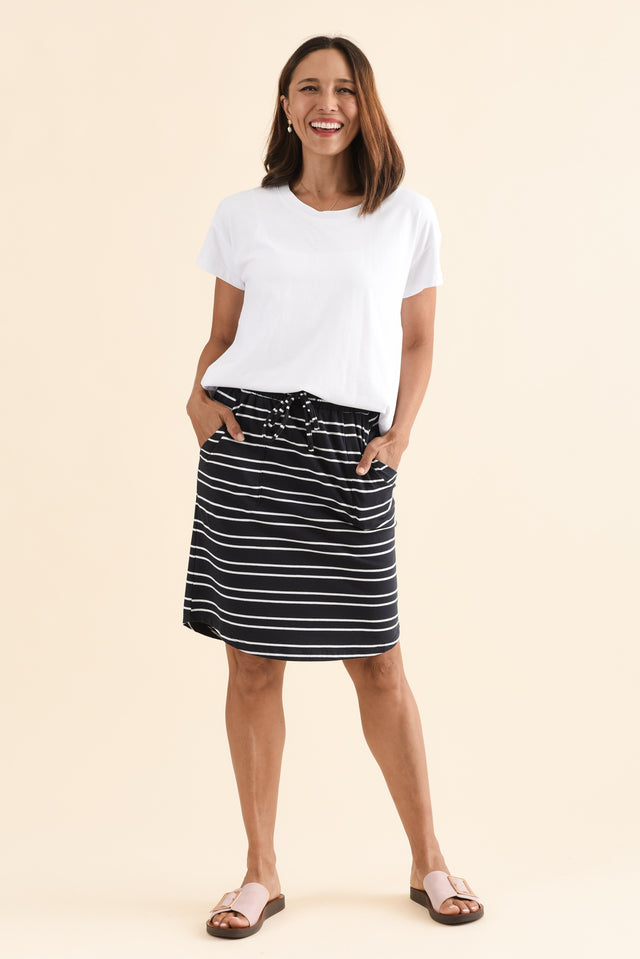 Navy Double Stripe Cotton Drawstring Skirt,Full Body,Brunette model,alt text|model:Cara image 6